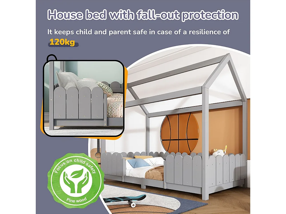 Lit cabane avec protection contre les chutes - Gris - 90x200 cm - Sweiko