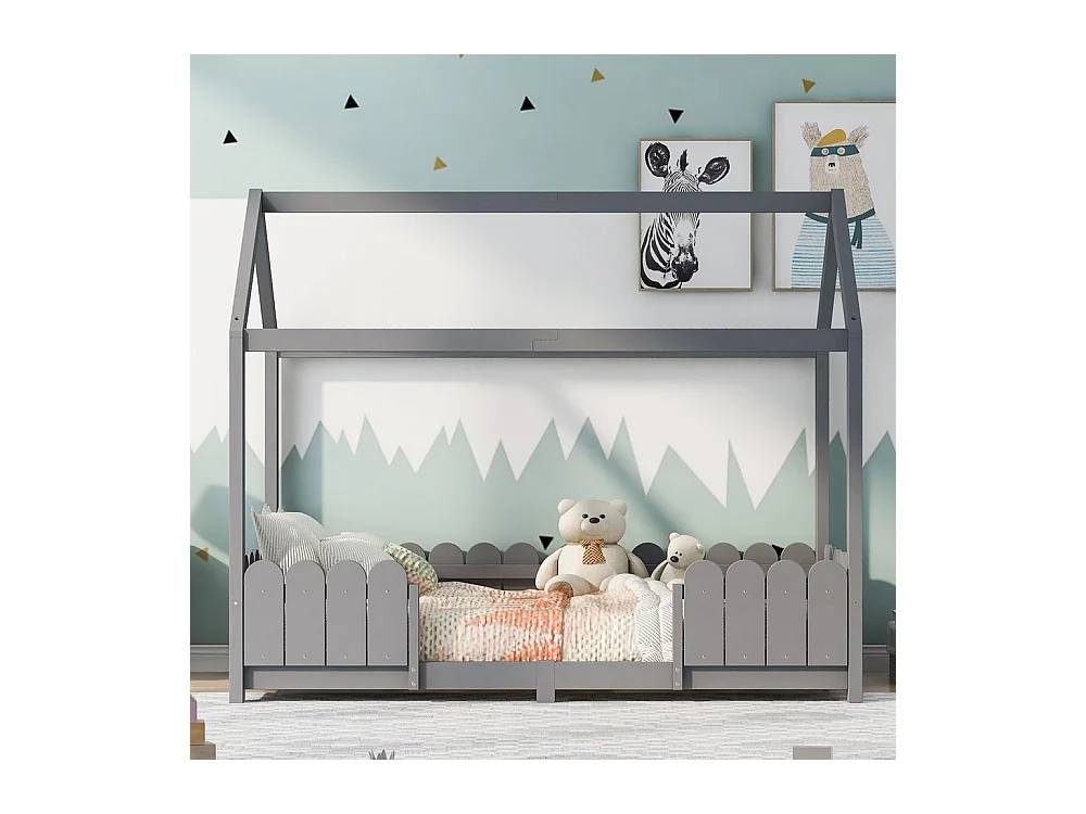 Lit cabane avec protection contre les chutes - Gris - 90x200 cm - Sweiko
