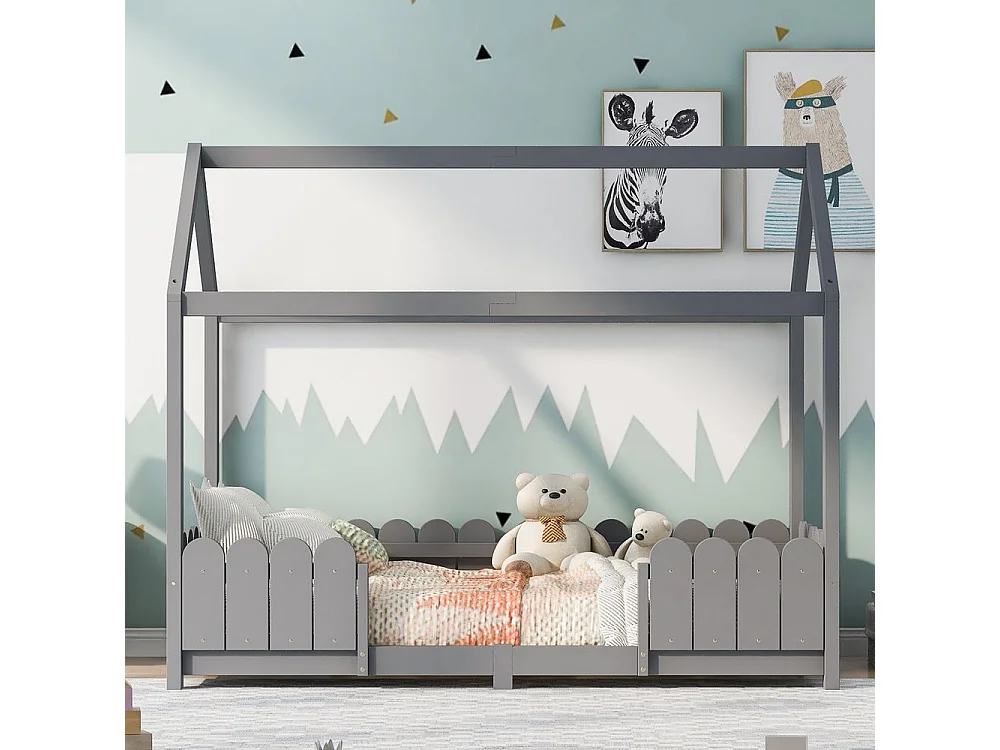 Lit cabane avec protection contre les chutes - Gris - 90x200 cm - Sweiko