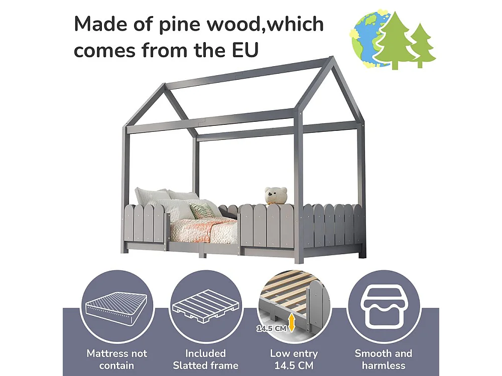 Lit cabane avec protection contre les chutes - Gris - 90x200 cm - Sweiko