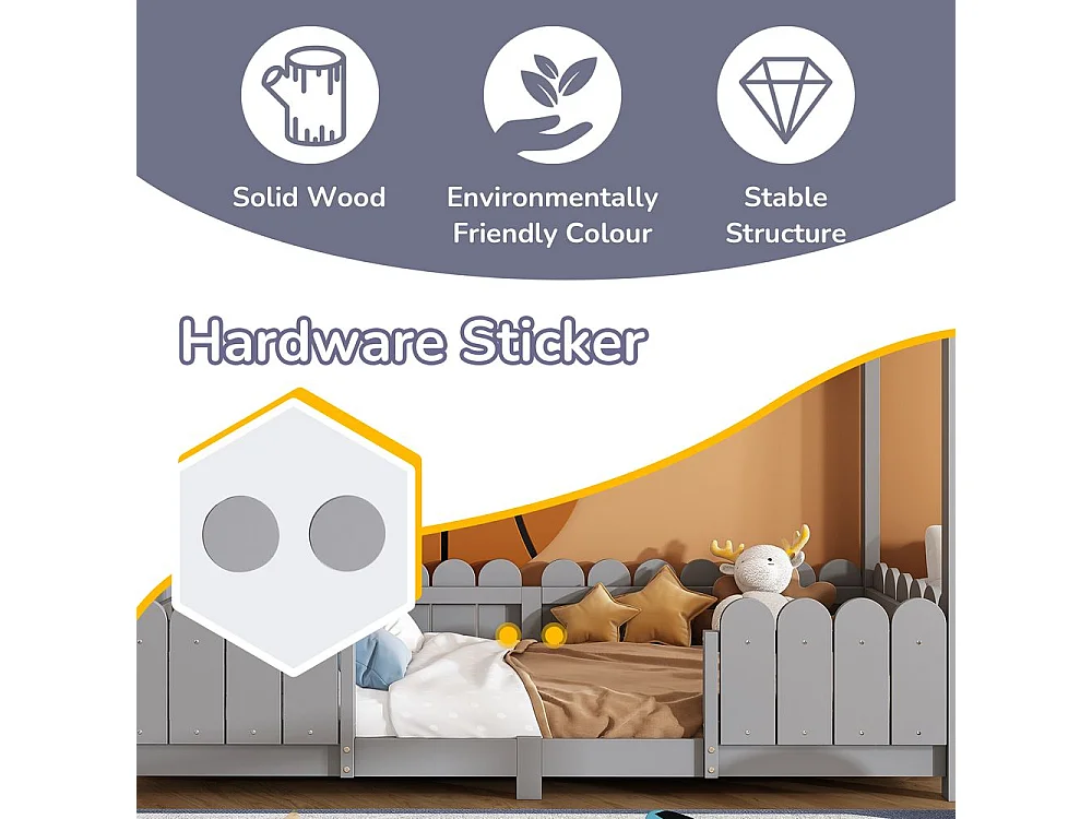 Lit cabane avec protection contre les chutes - Gris - 90x200 cm - Sweiko