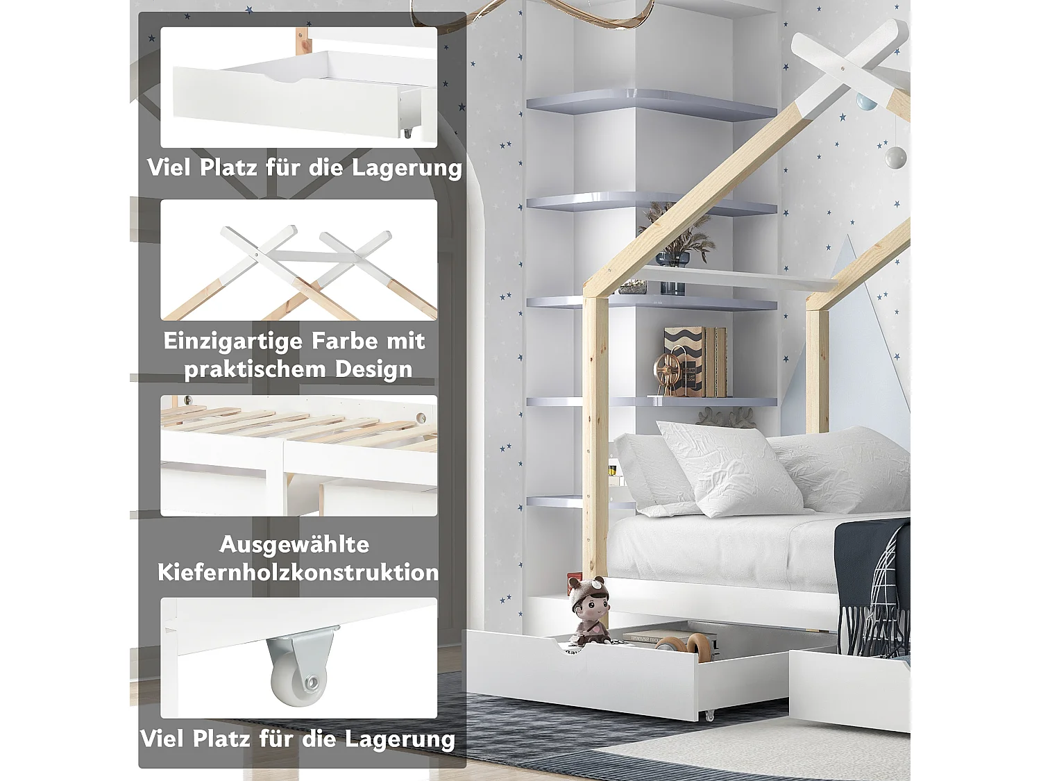 Lit cabane avec tiroirs pour chambre d'enfant - blanc + couleur bois (90x200 cm) - Sweiko