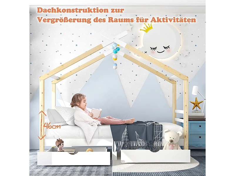 Lit cabane avec tiroirs pour chambre d'enfant - blanc + couleur bois (90x200 cm) - Sweiko