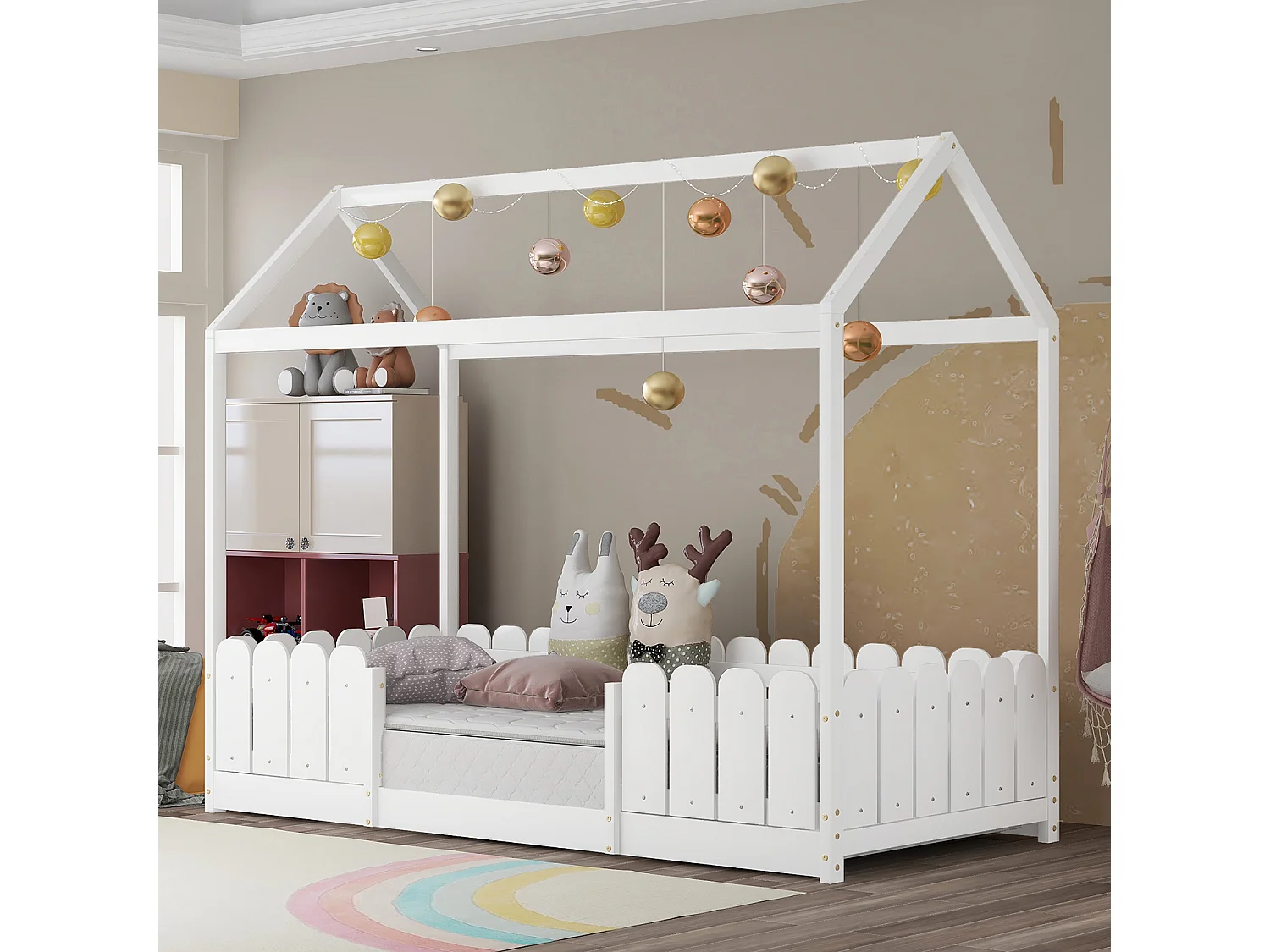 Lit cabane 90x200 cm - Avec protection antichute - Gris (Sans matelas) - Sweiko