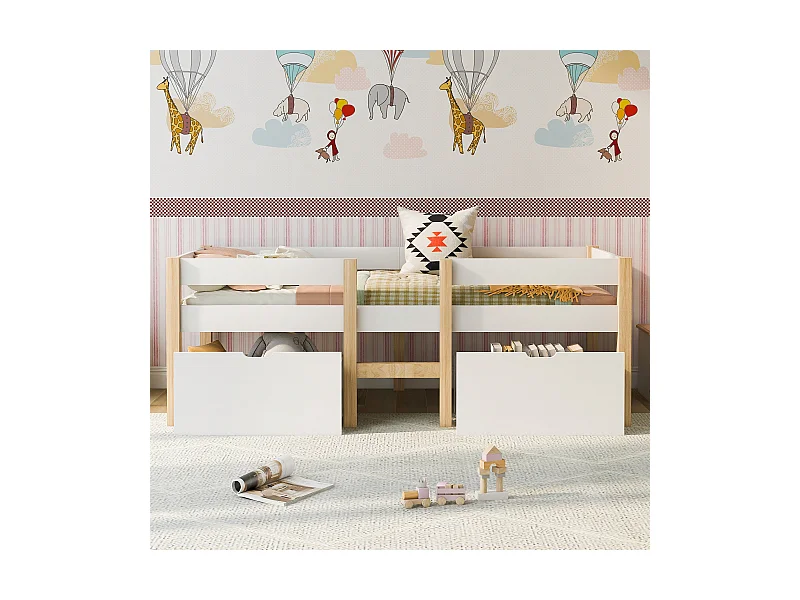 Lit cabane avec protection - 90x190 cm - blanc & chêne 2 Tiroir de lit - Sweiko