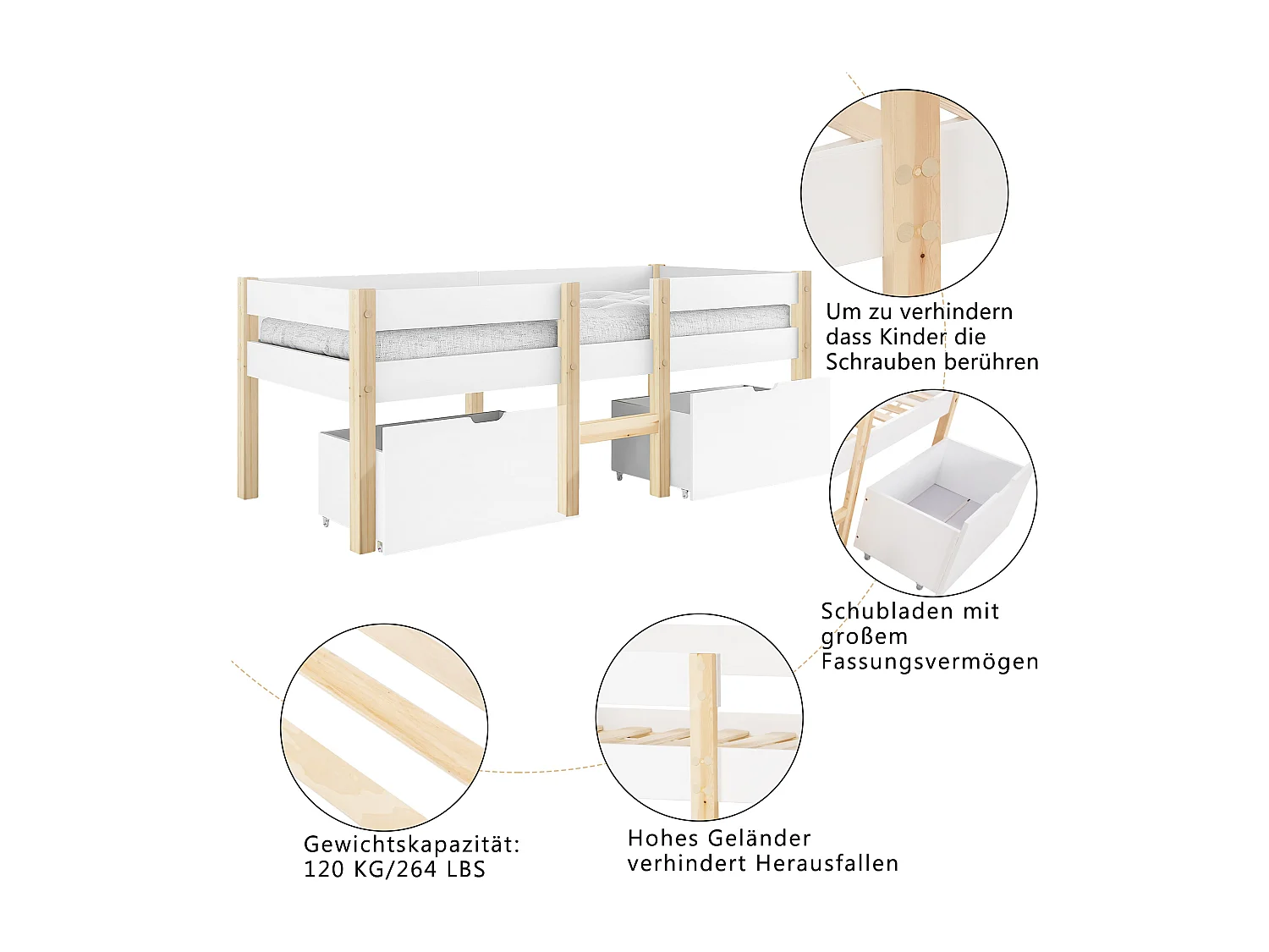 Lit cabane avec protection - 90x190 cm - blanc & chêne 2 Tiroir de lit - Sweiko