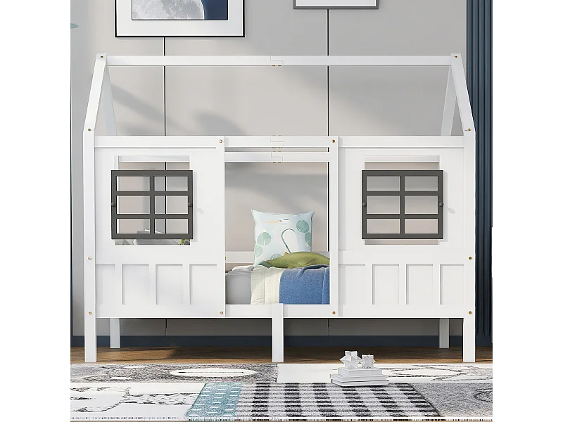 Lit cabane avec 2 fenêtres, lit simple blanc 200x90 cm - Sweiko