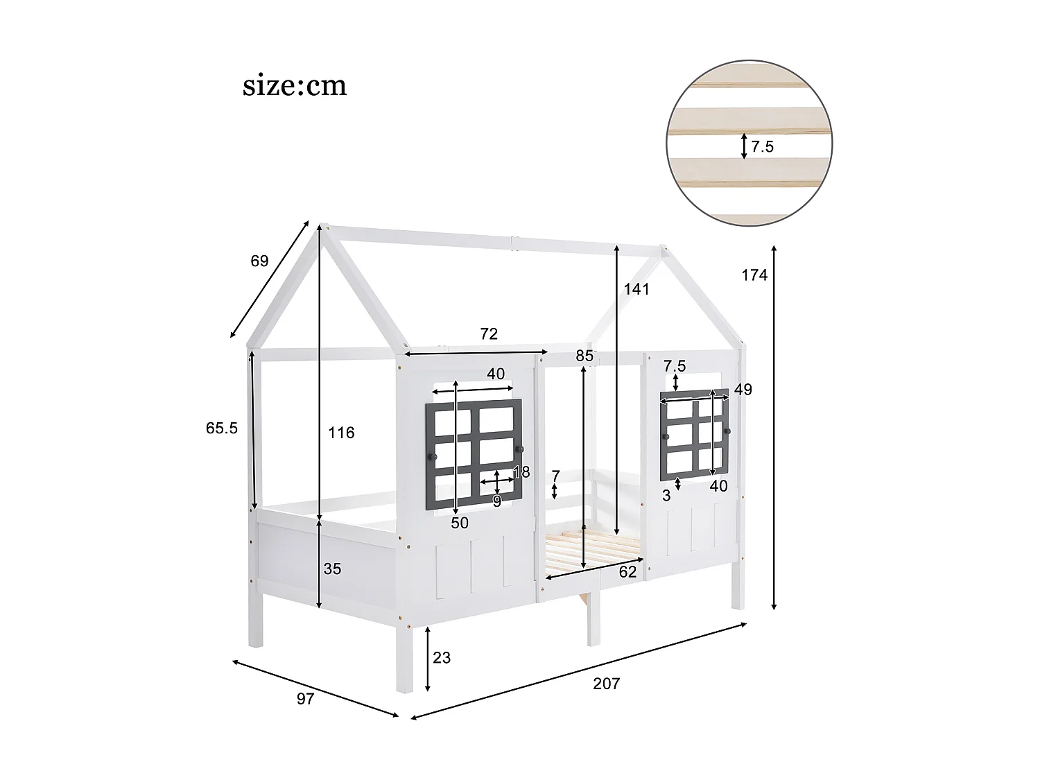 Lit cabane avec 2 fenêtres, lit simple blanc 200x90 cm - Sweiko