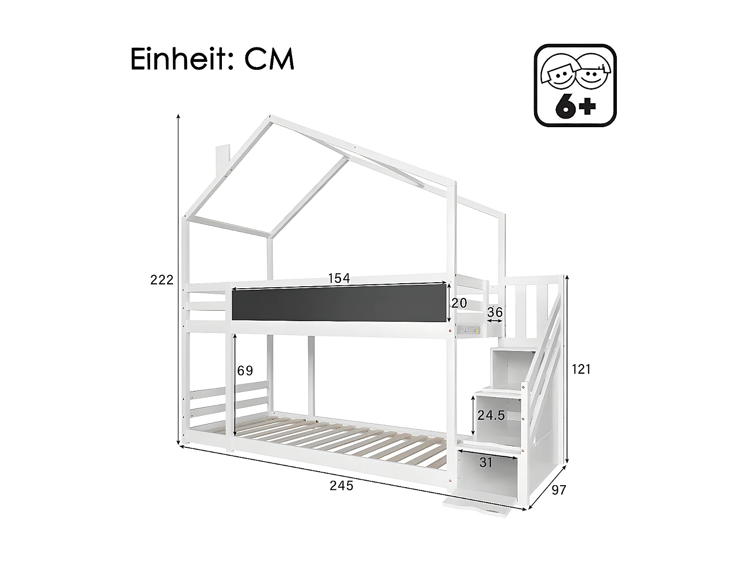 Lit cabane Lit 90 x 200 cm dans les arbres avec cheminée - blanc - Sweiko