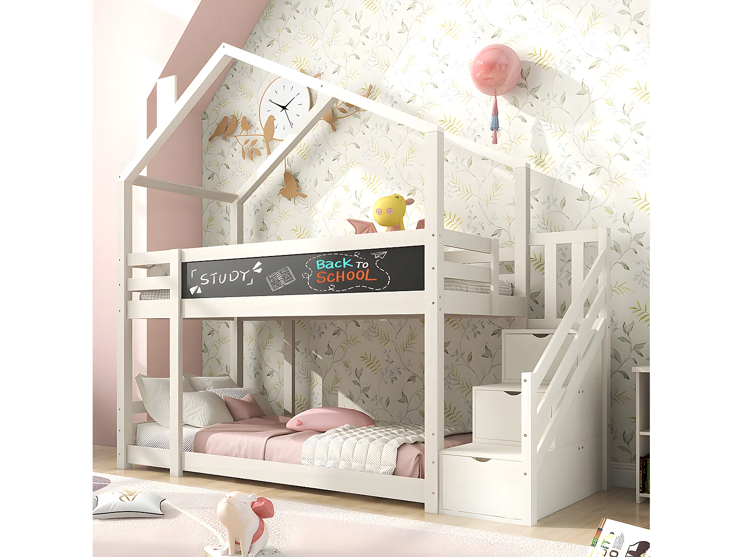 Lit cabane Lit 90 x 200 cm dans les arbres avec cheminée - blanc - Sweiko