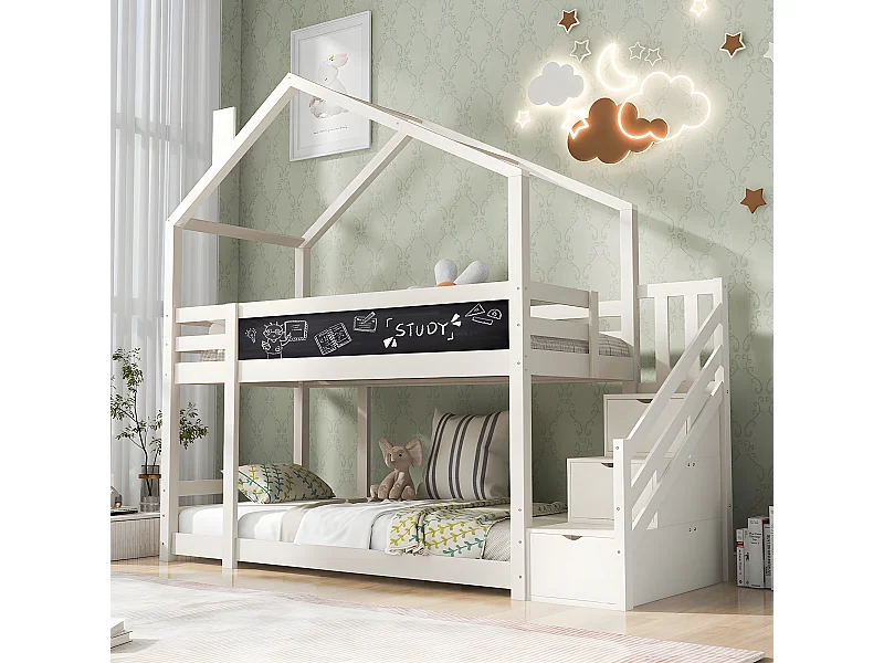 Lit cabane Lit 90 x 200 cm dans les arbres avec cheminée - blanc - Sweiko