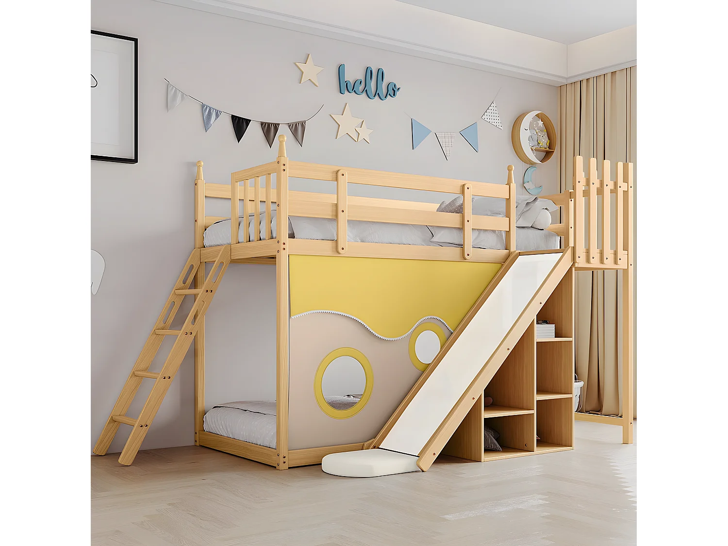 Lit cabane avec rideau de lit, toboggan et étagère, Naturel 90x200 cm - Sweiko