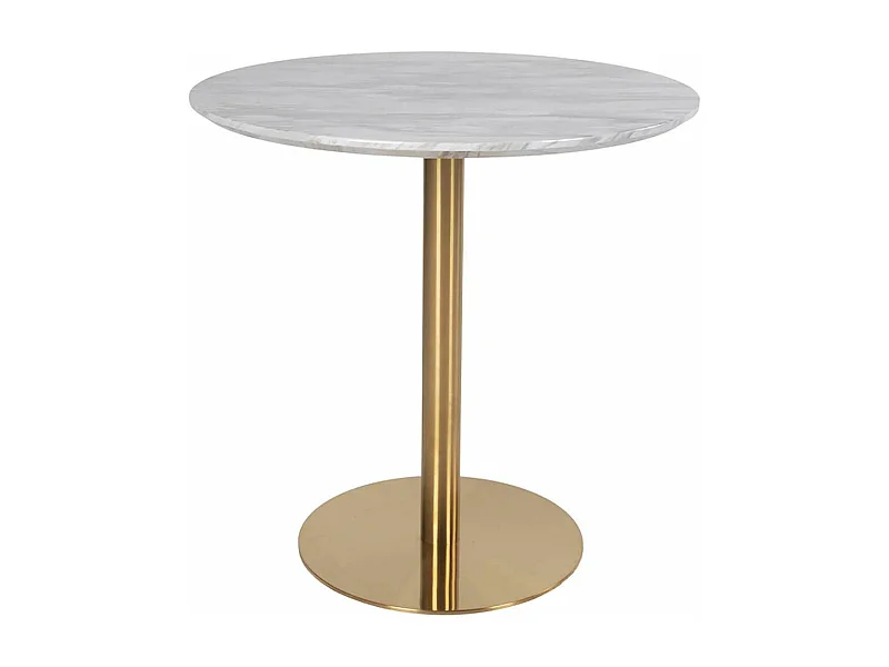 TYROL - Table Repas Ø90cm Plateau MDF Aspect Marbré et Pied Métal Doré
