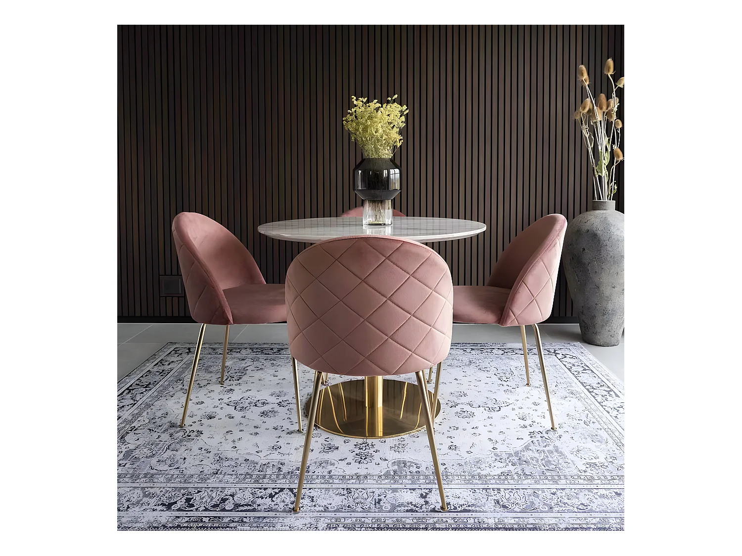 TYROL - Table Repas Ø90cm Plateau MDF Aspect Marbré et Pied Métal Doré