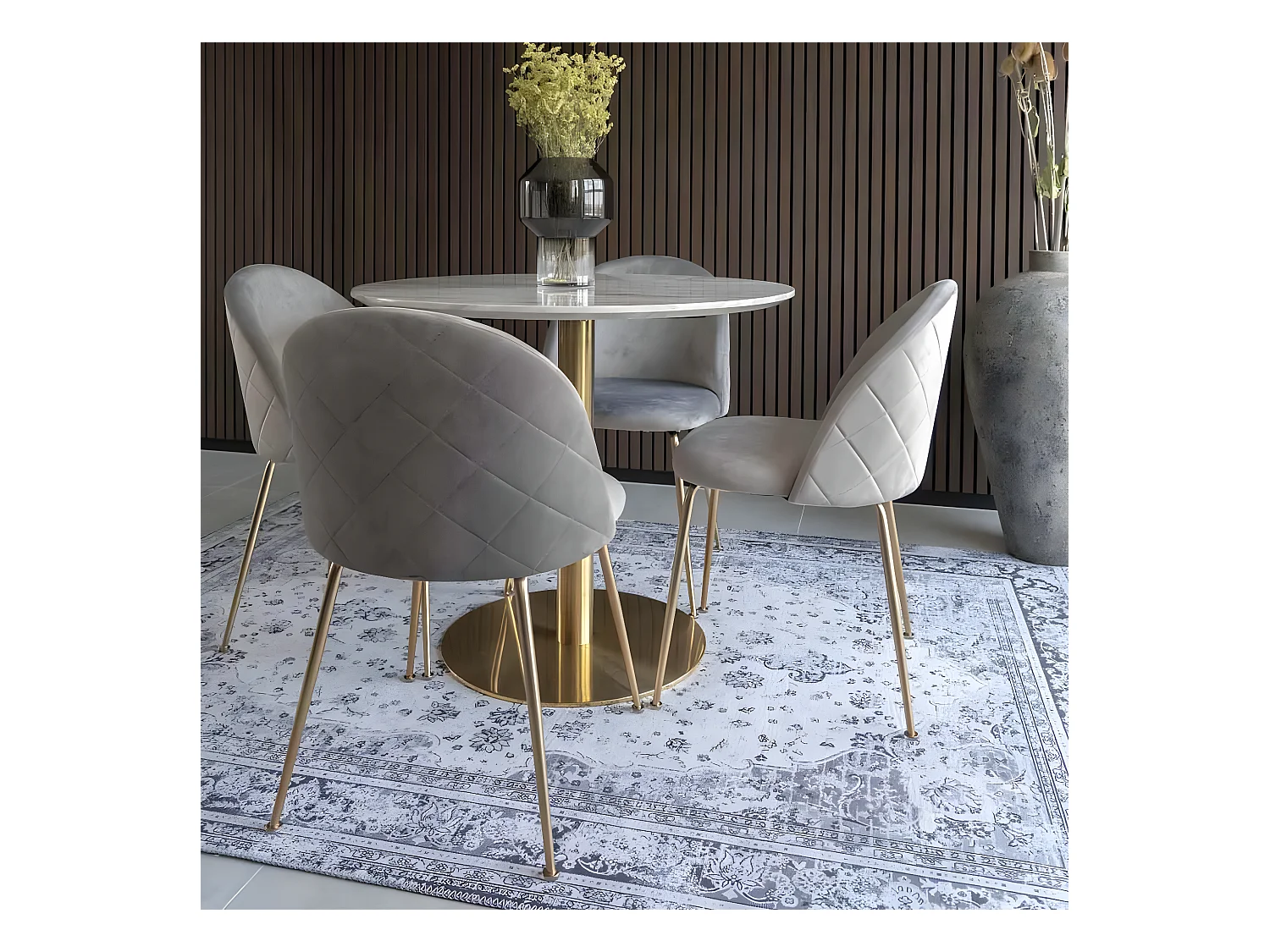 TYROL - Table Repas Ø90cm Plateau MDF Aspect Marbré et Pied Métal Doré