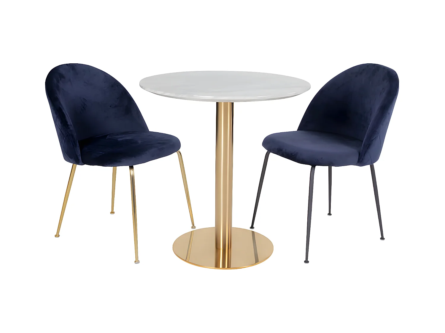 TYROL - Table Repas Ø90cm Plateau MDF Aspect Marbré et Pied Métal Doré
