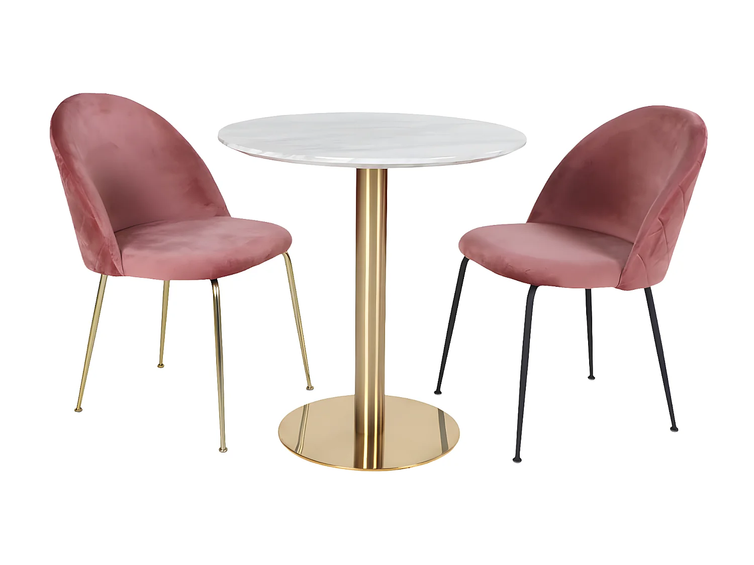 TYROL - Table Repas Ø90cm Plateau MDF Aspect Marbré et Pied Métal Doré