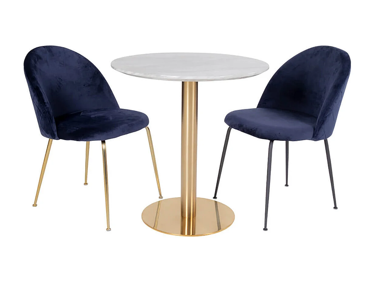 TYROL - Table Repas Ø90cm Plateau MDF Aspect Marbré et Pied Métal Doré