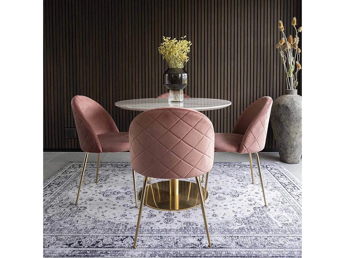 TYROL - Table Repas Ø90cm Plateau MDF Aspect Marbré et Pied Métal Doré