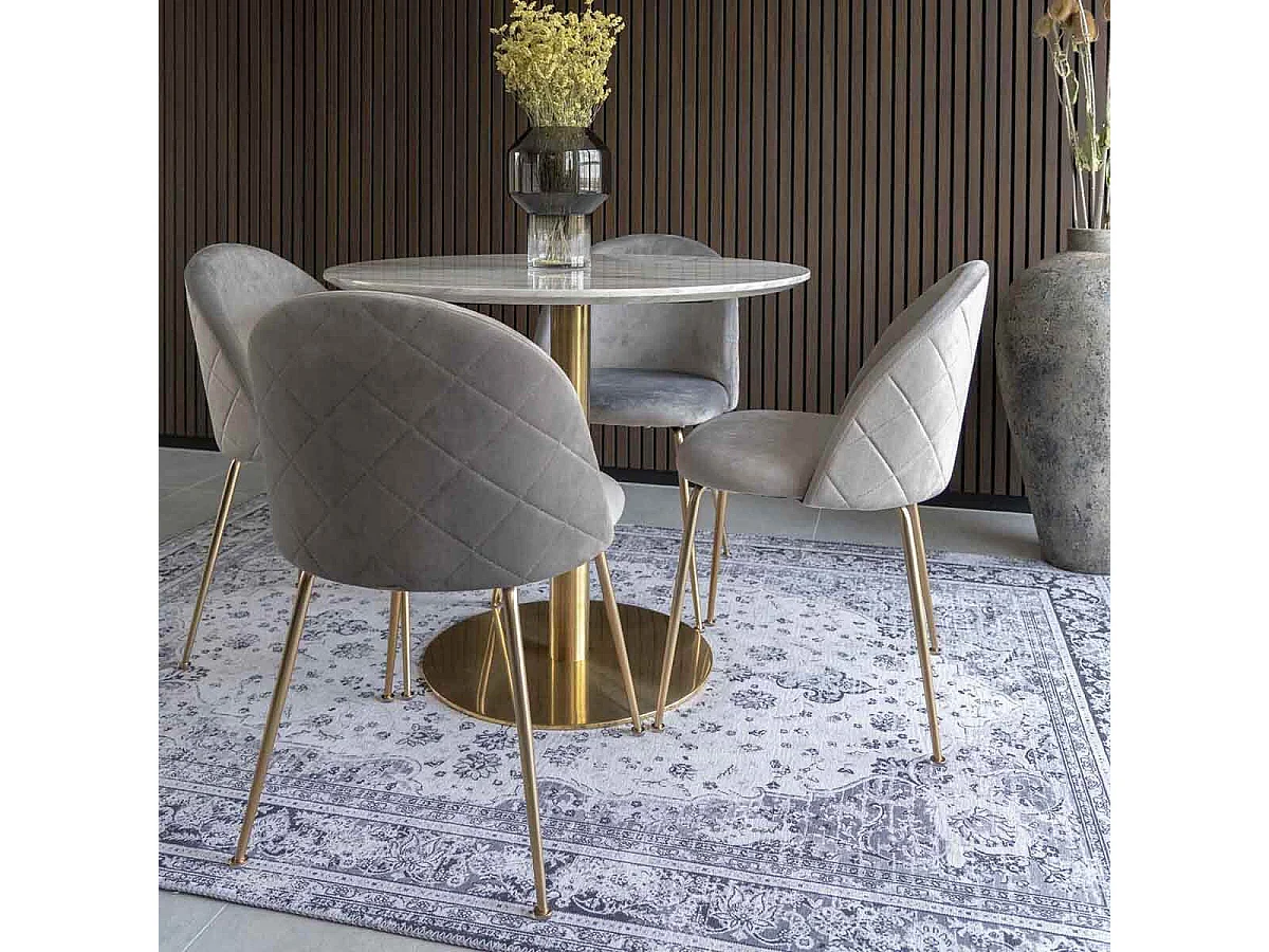 TYROL - Table Repas Ø90cm Plateau MDF Aspect Marbré et Pied Métal Doré