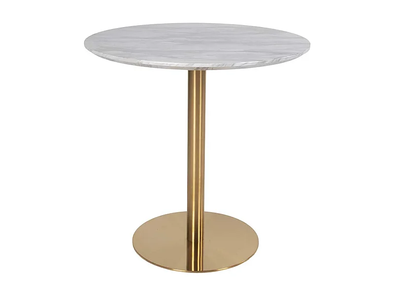 TYROL - Table Repas Ø90cm Plateau MDF Aspect Marbré et Pied Métal Doré