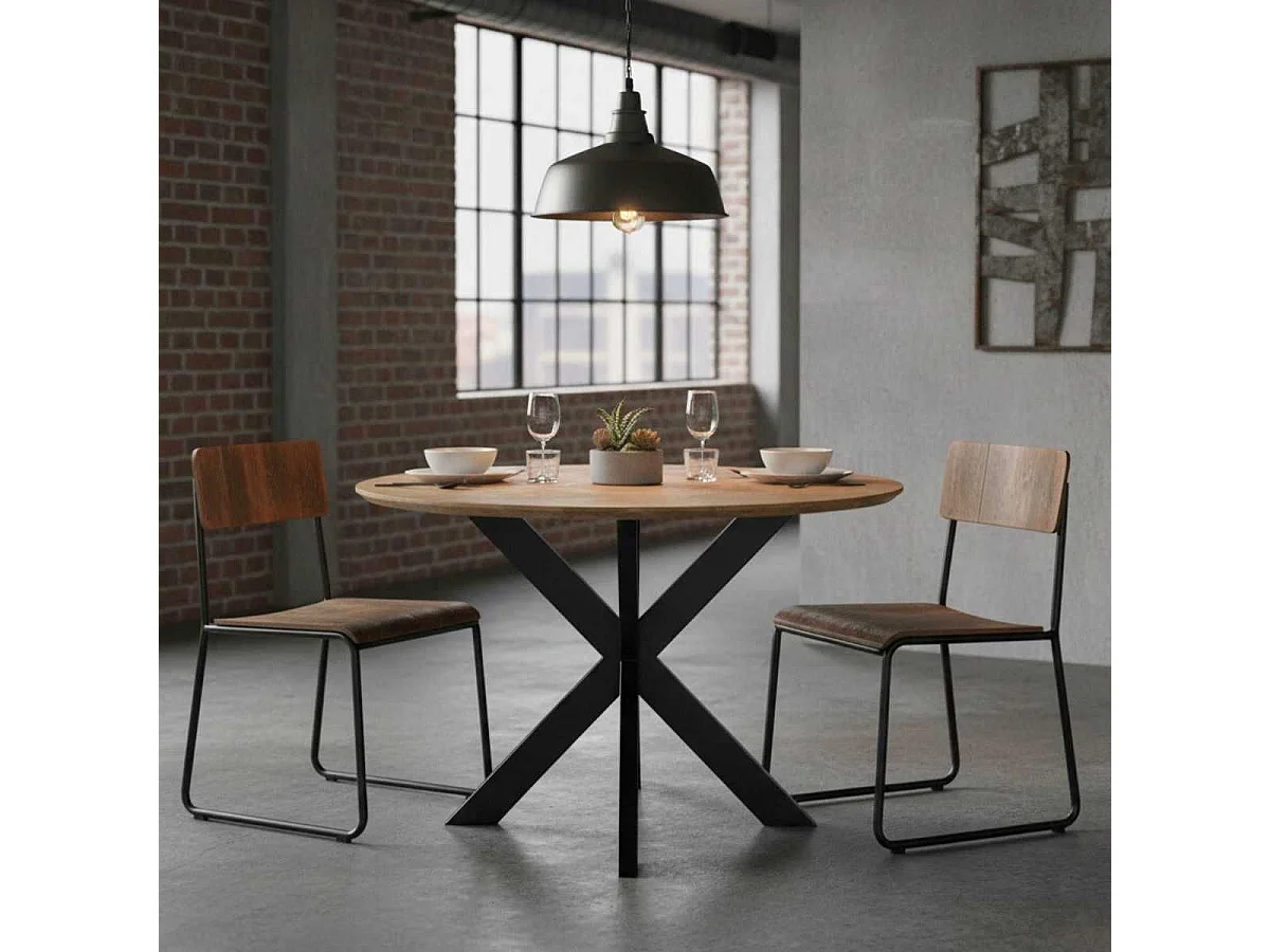 MYRIAM - Table de Repas Ronde Bois et Acier Noir Mat