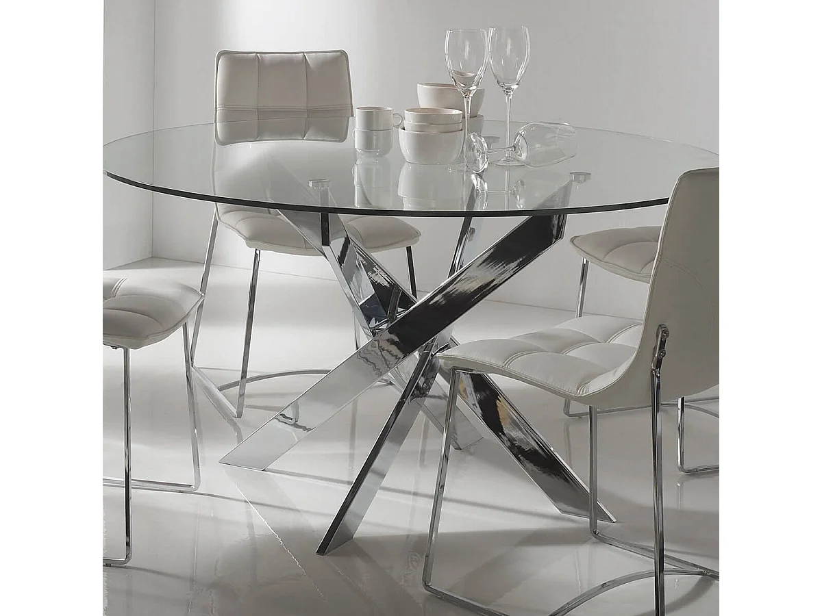 RITHA - Table Ronde 140cm Pieds Chromés et Plateau en Verre