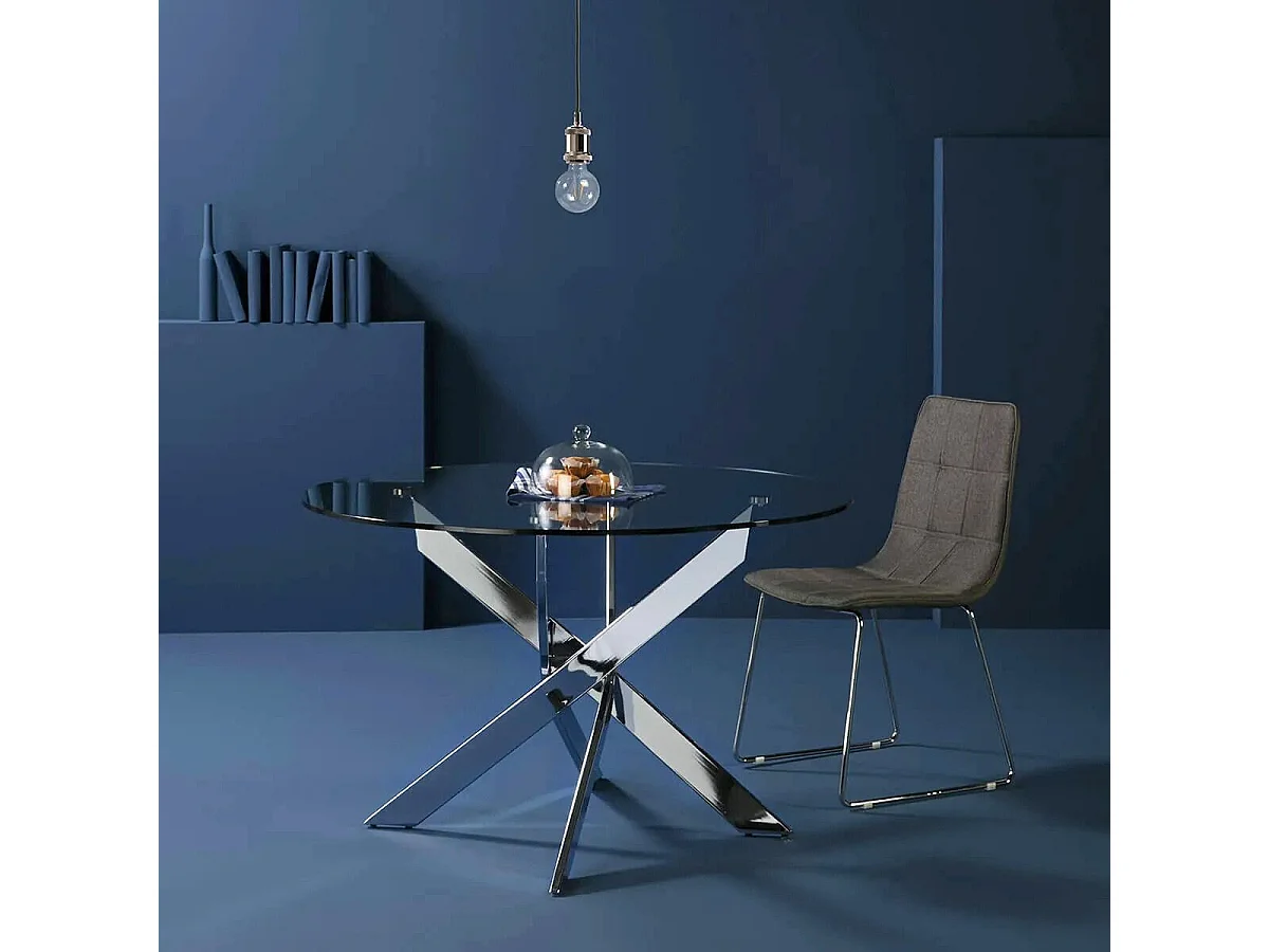 RITHA - Table Ronde 140cm Pieds Chromés et Plateau en Verre