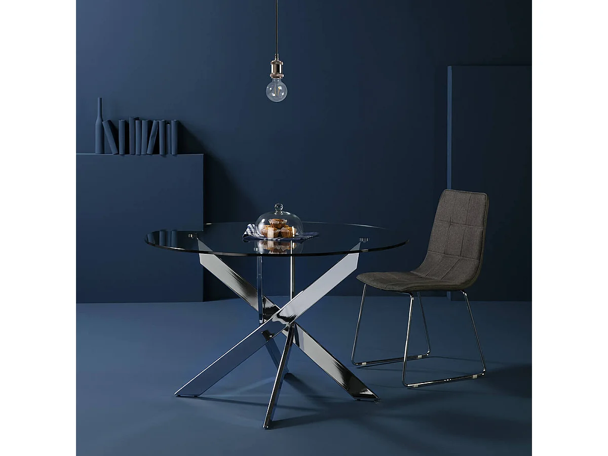 RITHA - Table Ronde 120cm Pieds Chromés et Plateau en Verre