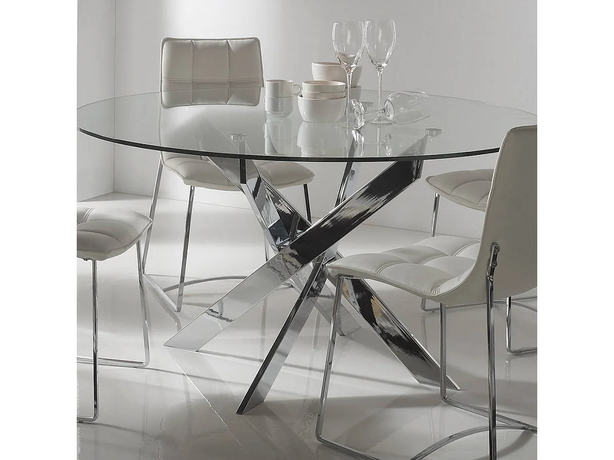 RITHA - Table Ronde 120cm Pieds Chromés et Plateau en Verre