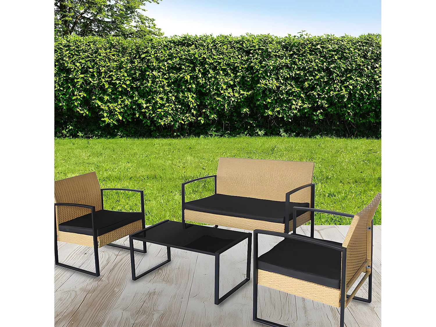 CANTA - Salon de Jardin 4 Pièces Tressé Jaune et Métal Noir