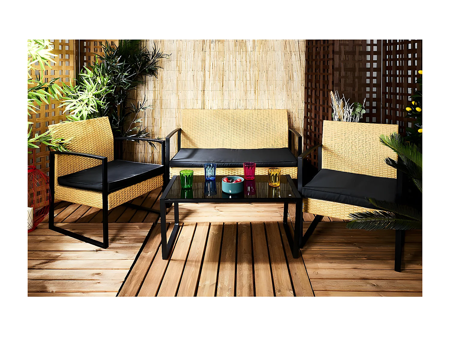 CANTA - Salon de Jardin 4 Pièces Tressé Jaune et Métal Noir