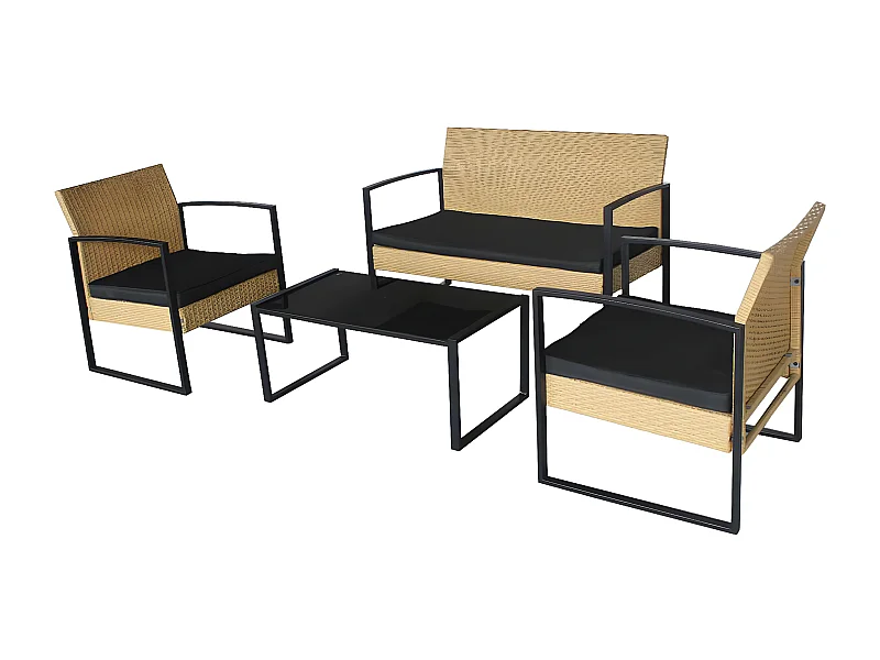 CANTA - Salon de Jardin 4 Pièces Tressé Jaune et Métal Noir