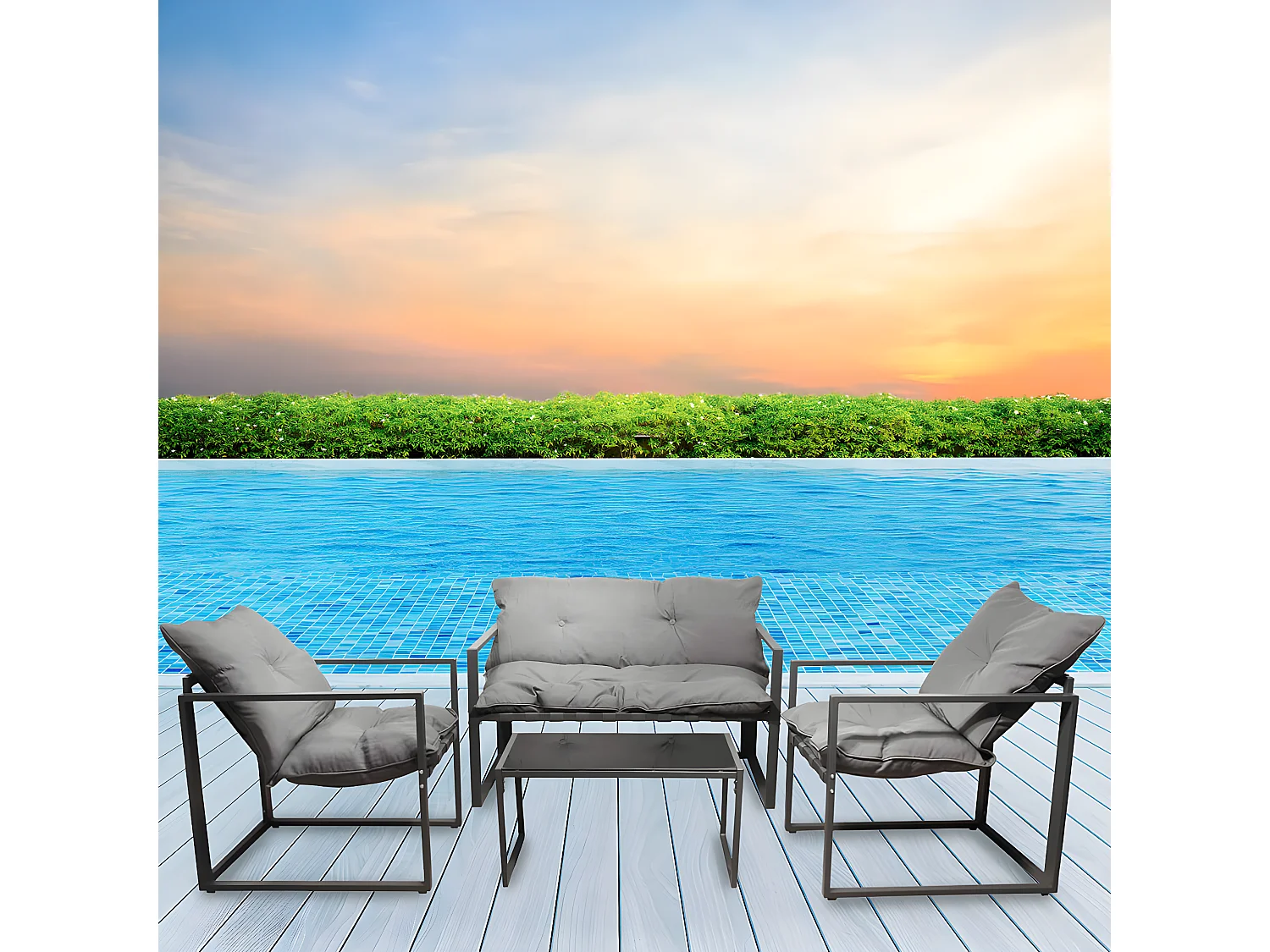 PIANA - Salon de Jardin 4 Pièces Piètement Métal Gris