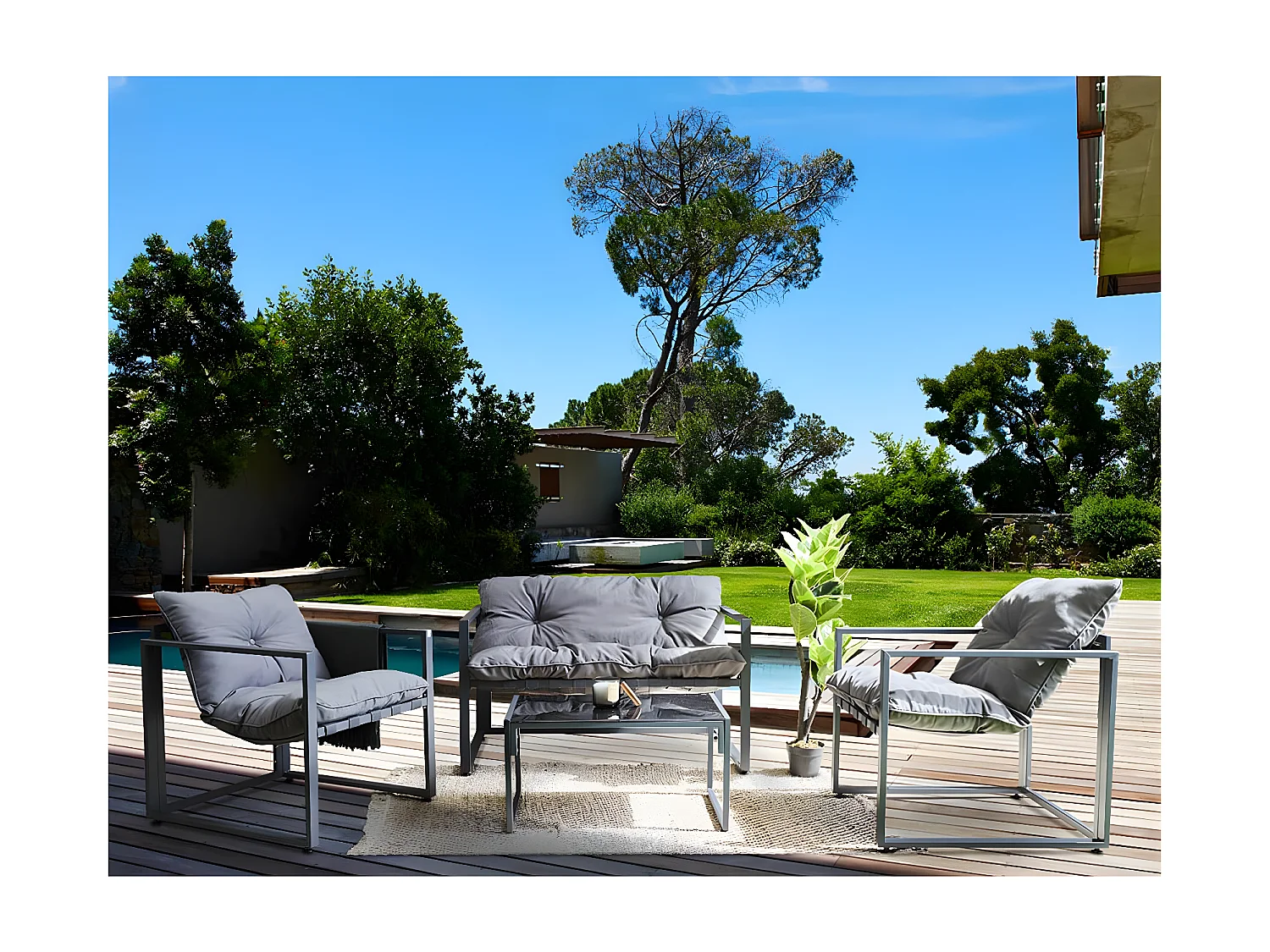 PIANA - Salon de Jardin 4 Pièces Piètement Métal Gris