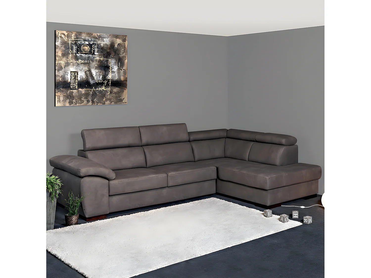BRUGES - Canapé d'Angle Droit 4 Places Gris Eléphant