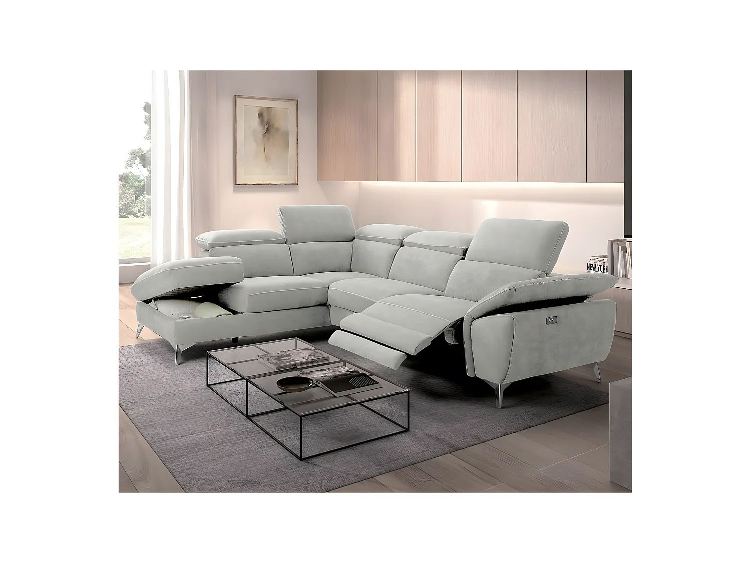 TOLEDO - Canapé d'Angle Gauche 1 Relax Electrique Gris Clair