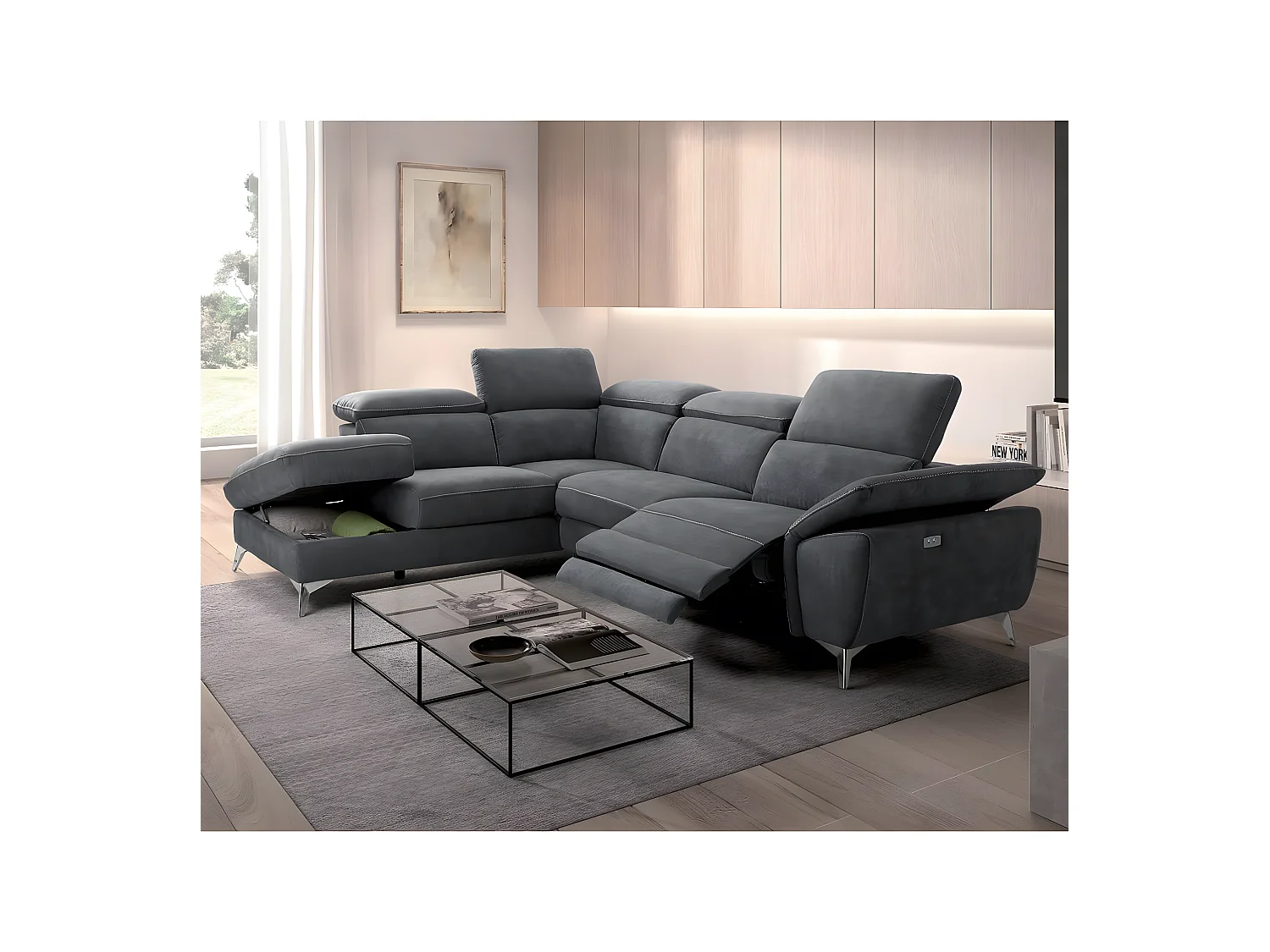 TOLEDO - Canapé d'Angle Gauche 1 Relax Electrique Gris Foncé