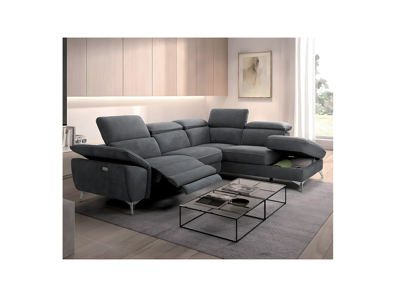TOLEDO - Canapé d'Angle Droit 1 Relax Electrique Gris Foncé