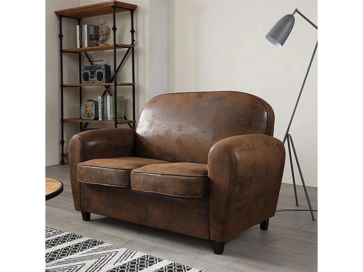 GANSSI - Canapé Club 2 Places Marron Aspect Cuir Vieilli