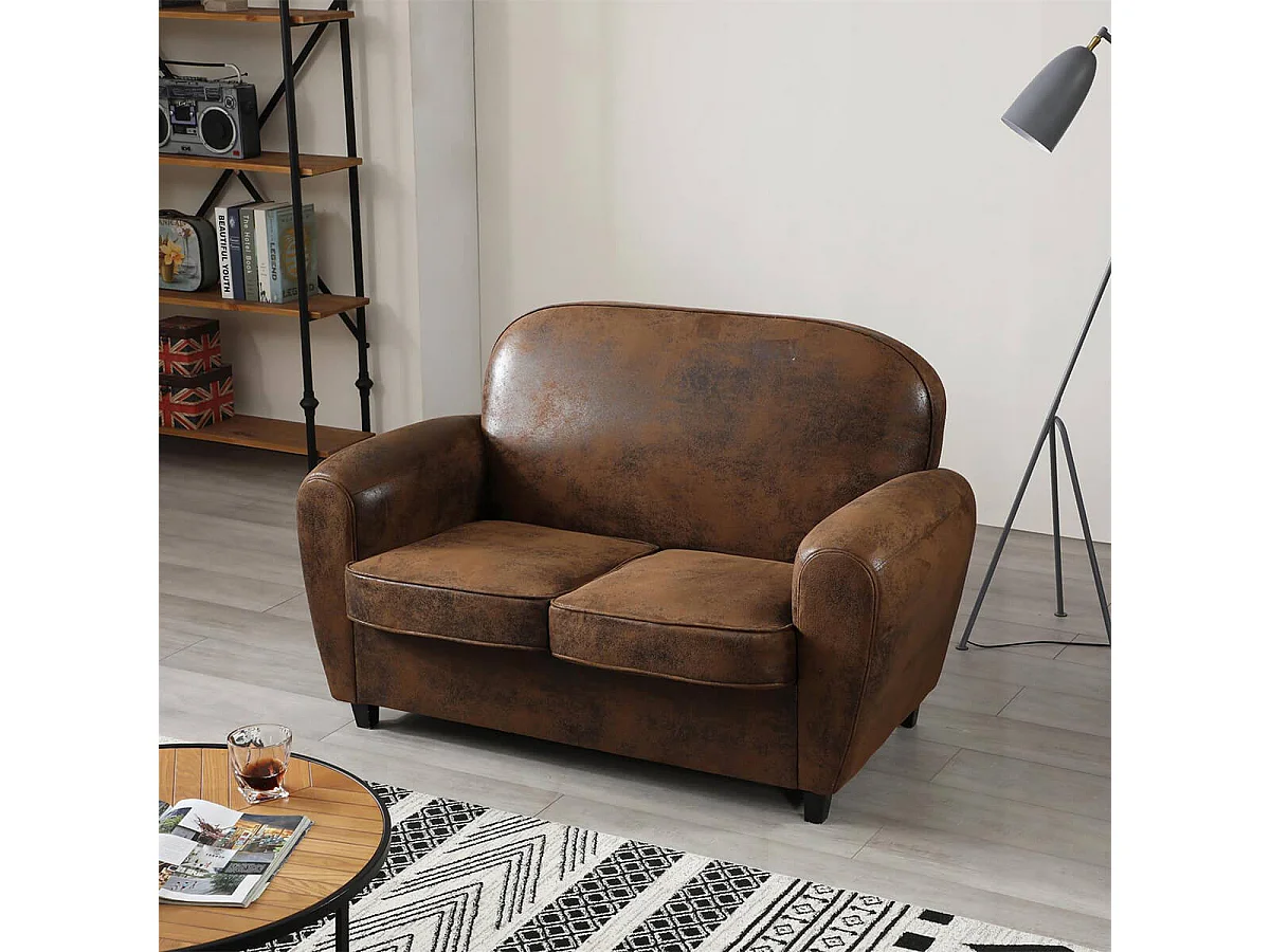 GANSSI - Canapé Club 2 Places Marron Aspect Cuir Vieilli