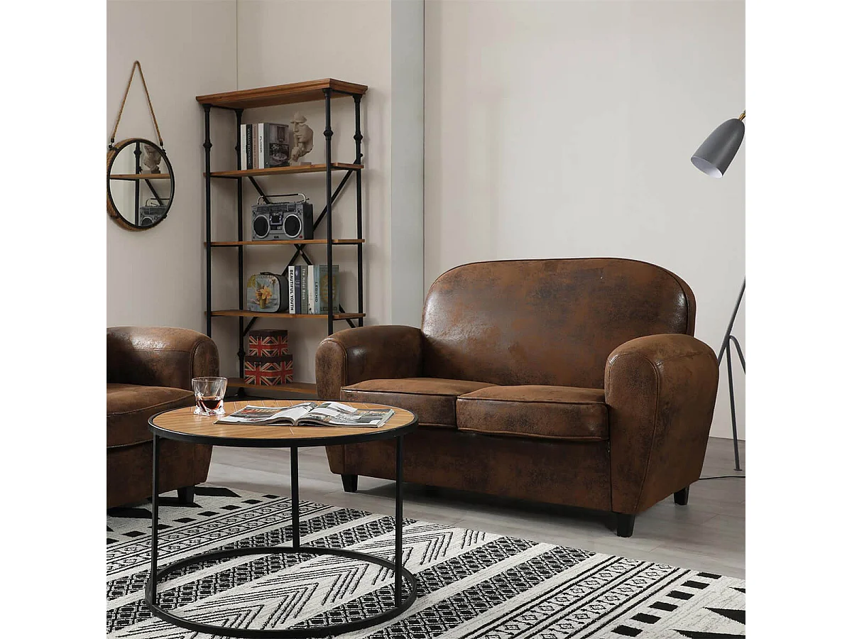 GANSSI - Canapé Club 2 Places Marron Aspect Cuir Vieilli