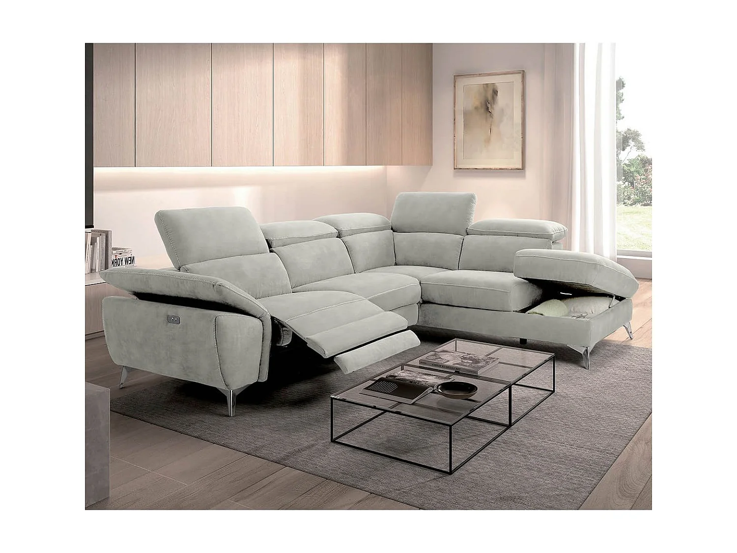 TOLEDO - Canapé d'Angle Droit 1 Relax Electrique Gris Clair