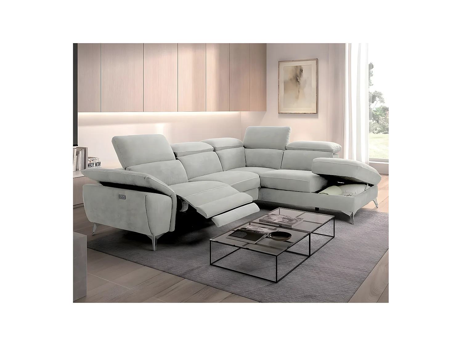 TOLEDO - Canapé d'Angle Droit 1 Relax Electrique Gris Clair