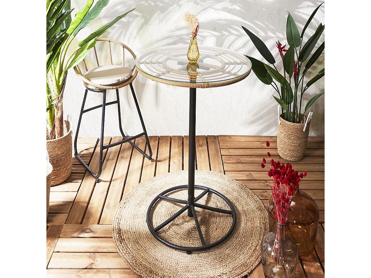 JAKARTA - Table Mange-Debout Noire avec Plateau en Verre