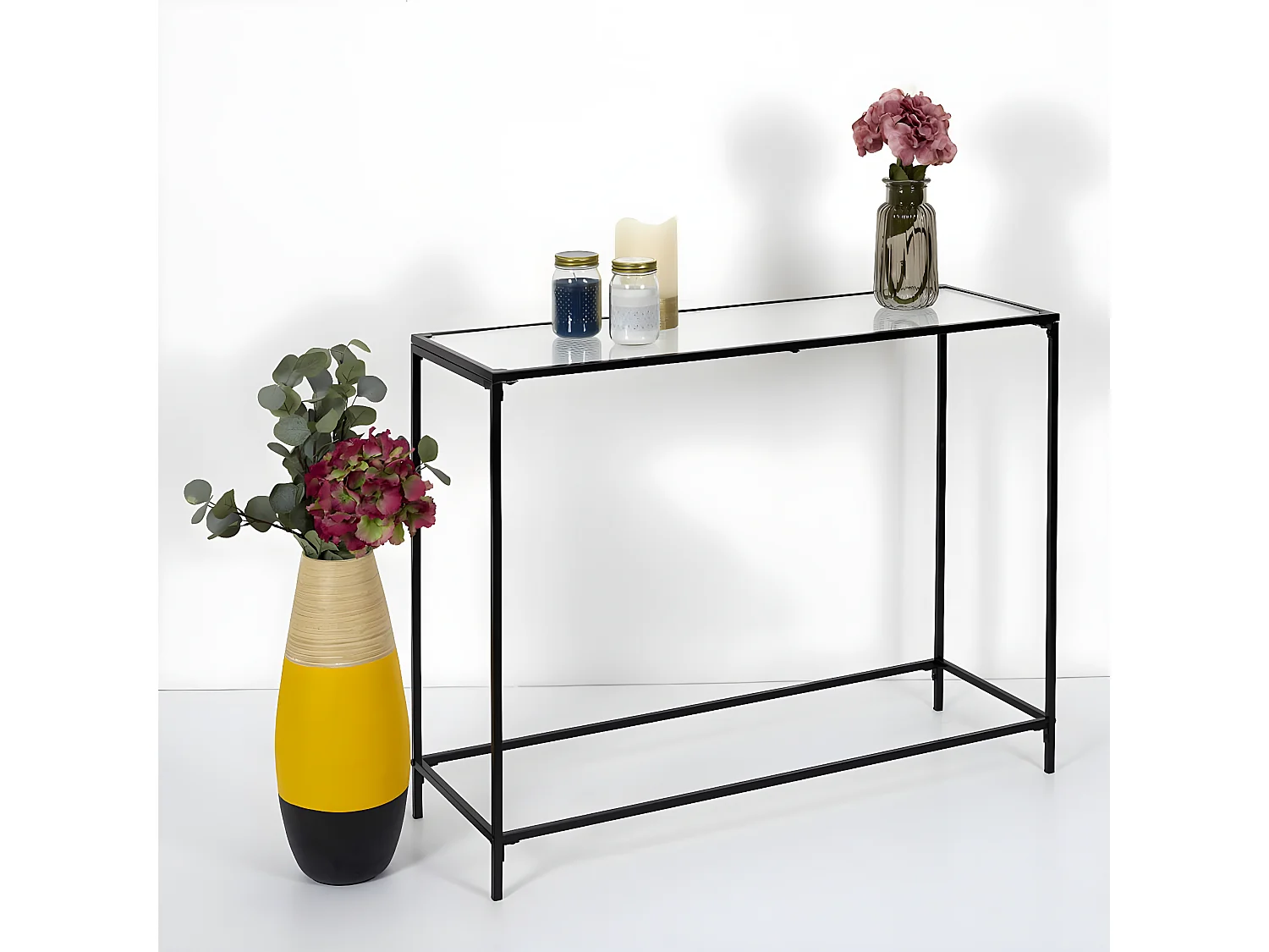 GLASSI - Console Noire Plateau en Verre Texturé