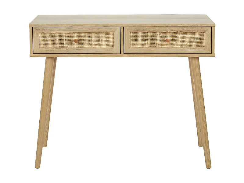 MAYA - Console 2 Tiroirs Effet Bois et Façades Rotin