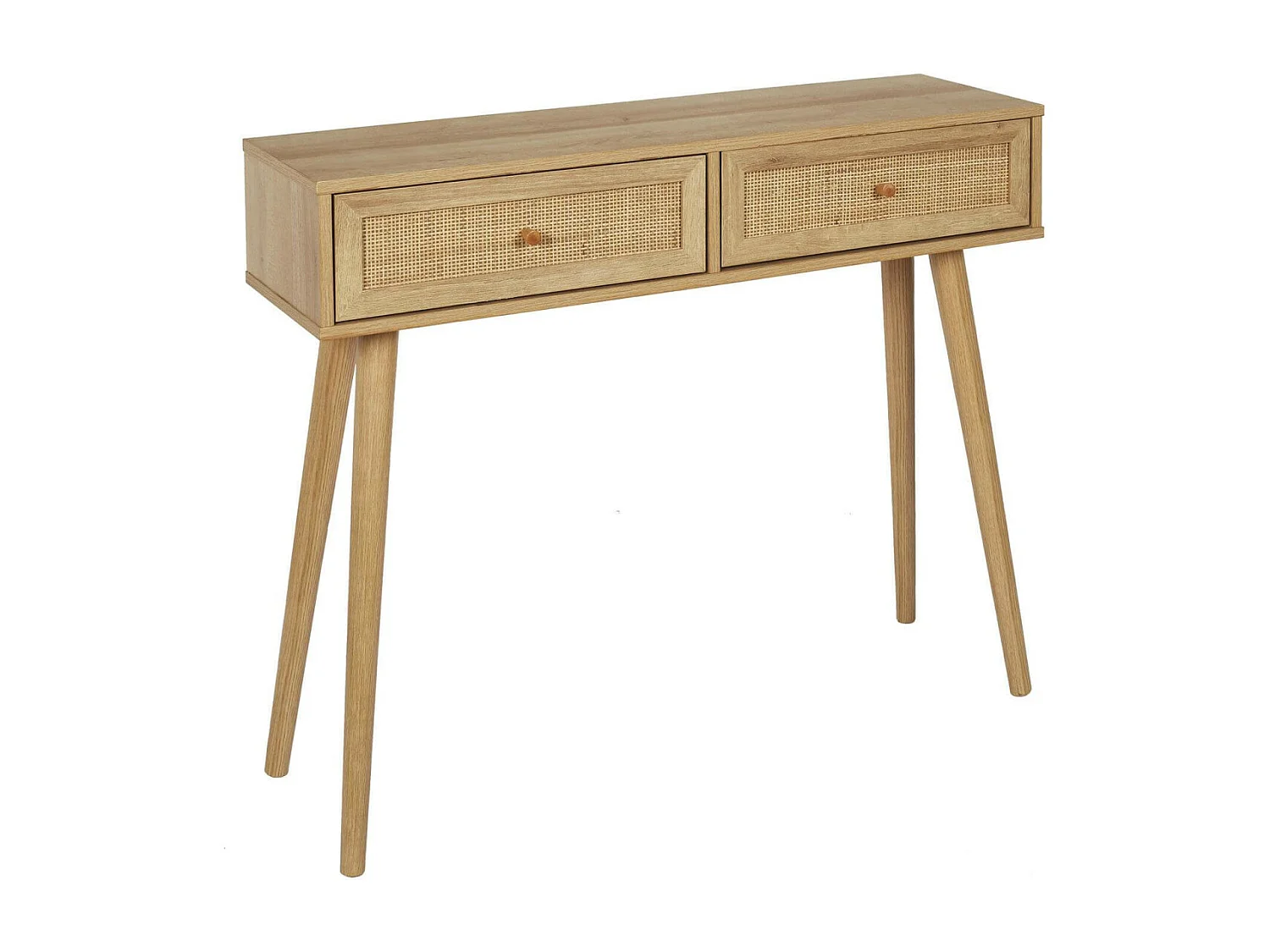 MAYA - Console 2 Tiroirs Effet Bois et Façades Rotin