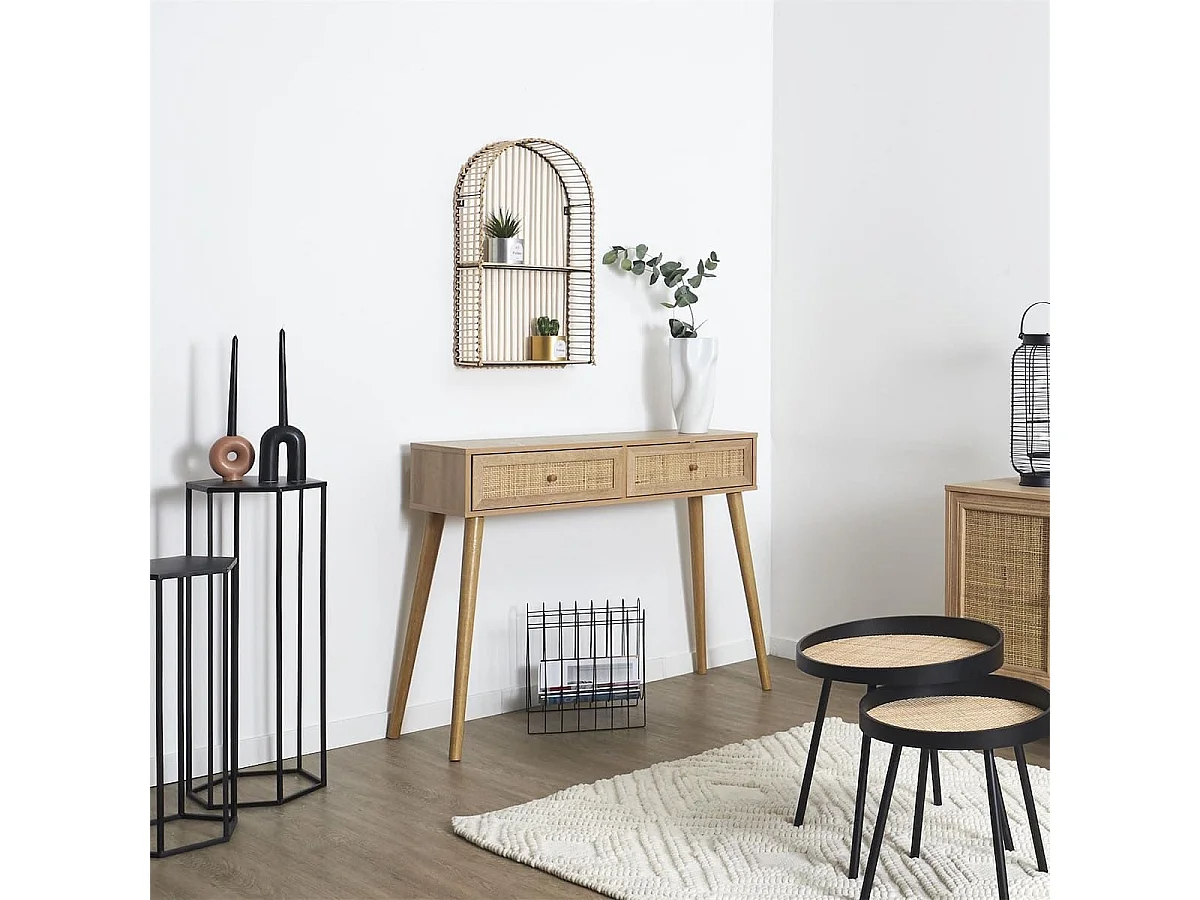 MAYA - Console 2 Tiroirs Effet Bois et Façades Rotin