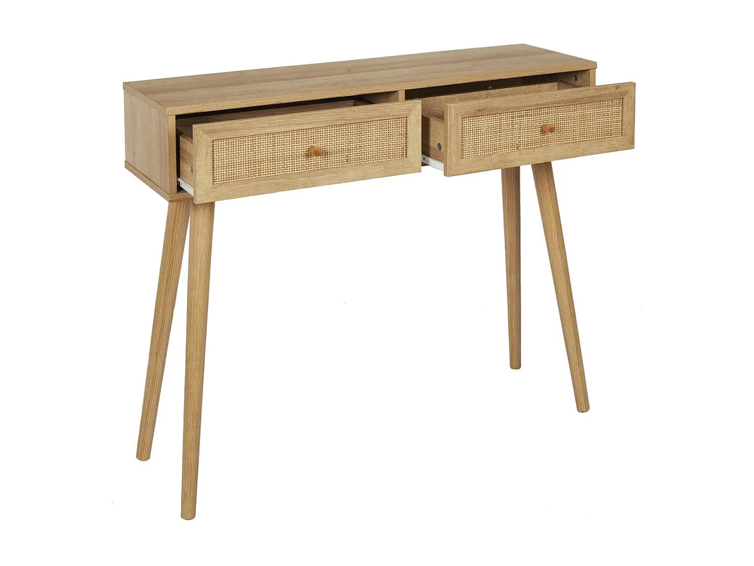 MAYA - Console 2 Tiroirs Effet Bois et Façades Rotin